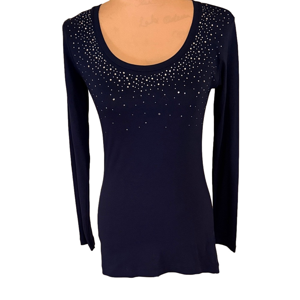 Valerie Bertinelli Navy Long Sleeve Top with Rhinestone Detailing size small